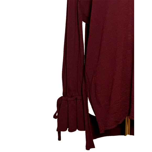 J Crew Women's Burgundy V Neck Tied Bell Sleeve Merino Wool Sweater Medium - Picture 2 of 8